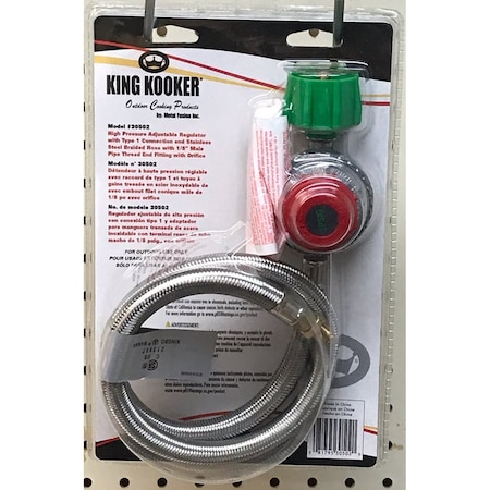 King Kooker 5 PSI Regulator, Type 1 Connection, Male Pipe Thread, Stainless Steel Braided 30502